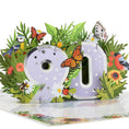 Load image into Gallery viewer, 90th birthday pop up card for her - floral theme with butterflies, birds and flowers - close up image of the pop up card on a white background