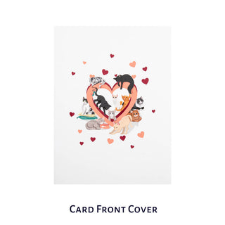 Battersea Cats Love Pop Up Card by Cardology which is perfect for Valentine's Day Cards, Mother's Day Cards, Father's Day Cards or even for Birthday Cards or Anniversary Cards. Pet mum and dad cards. This is a close up image of 3D card cover which has a big heart in the center with lots of cats jumping over it.