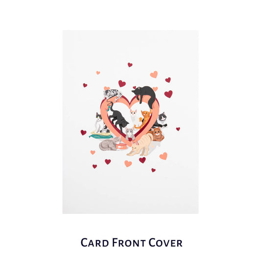Battersea Cats Love Pop Up Card by Cardology which is perfect for Valentine's Day Cards, Mother's Day Cards, Father's Day Cards or even for Birthday Cards or Anniversary Cards. Pet mum and dad cards. This is a close up image of 3D card cover which has a big heart in the center with lots of cats jumping over it.