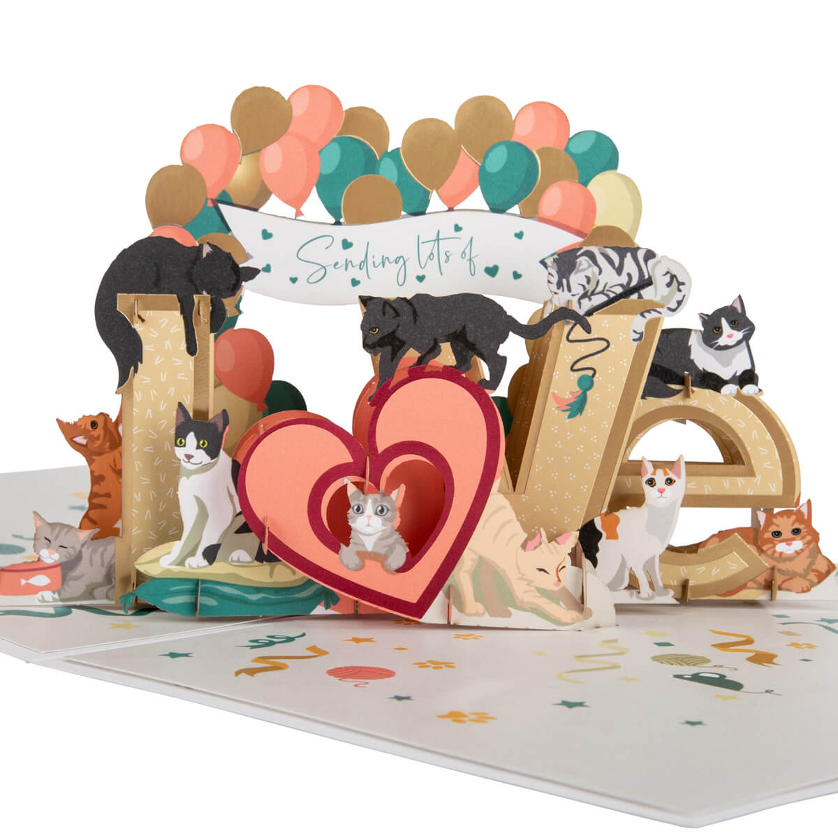 Battersea Cats Love Pop Up Card by Cardology - close up image of 3D card with lots of cats jumping a big love sign - perfect for Valentine's Day Cards, Mother's Day Cards, Father's Day Cards or even for Birthday Cards or Anniversary Cards. Pet mum and dad cards