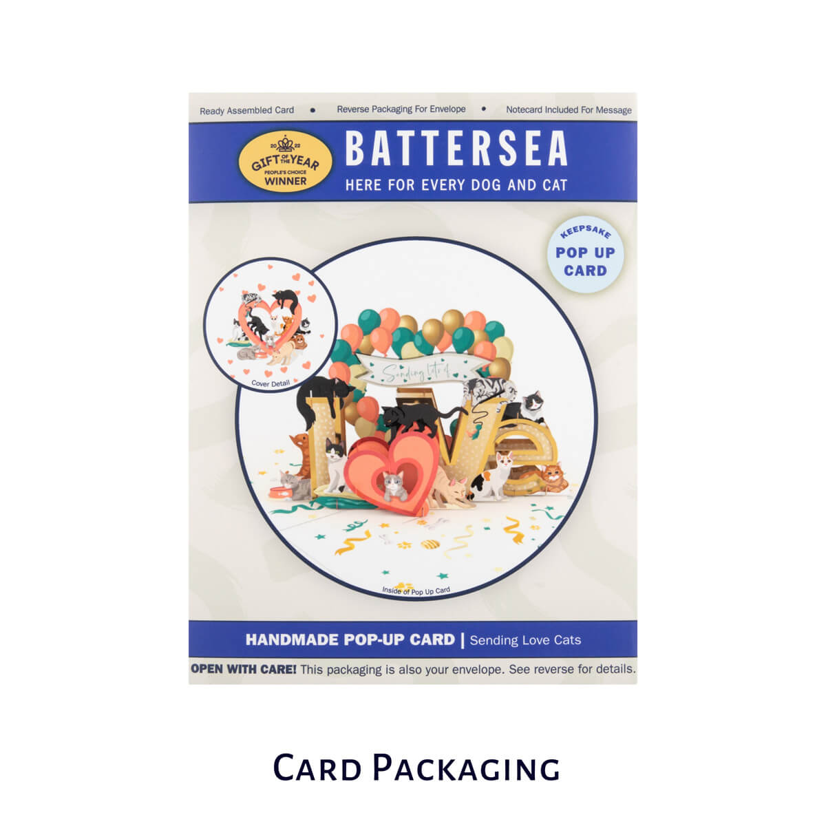 Battersea Cats Love Pop Up Card by Cardology which is perfect for Valentine's Day Cards, Mother's Day Cards, Father's Day Cards or even for Birthday Cards or Anniversary Cards. Pet mum and dad cards. This is a close up image of the Battersea charity card packaging