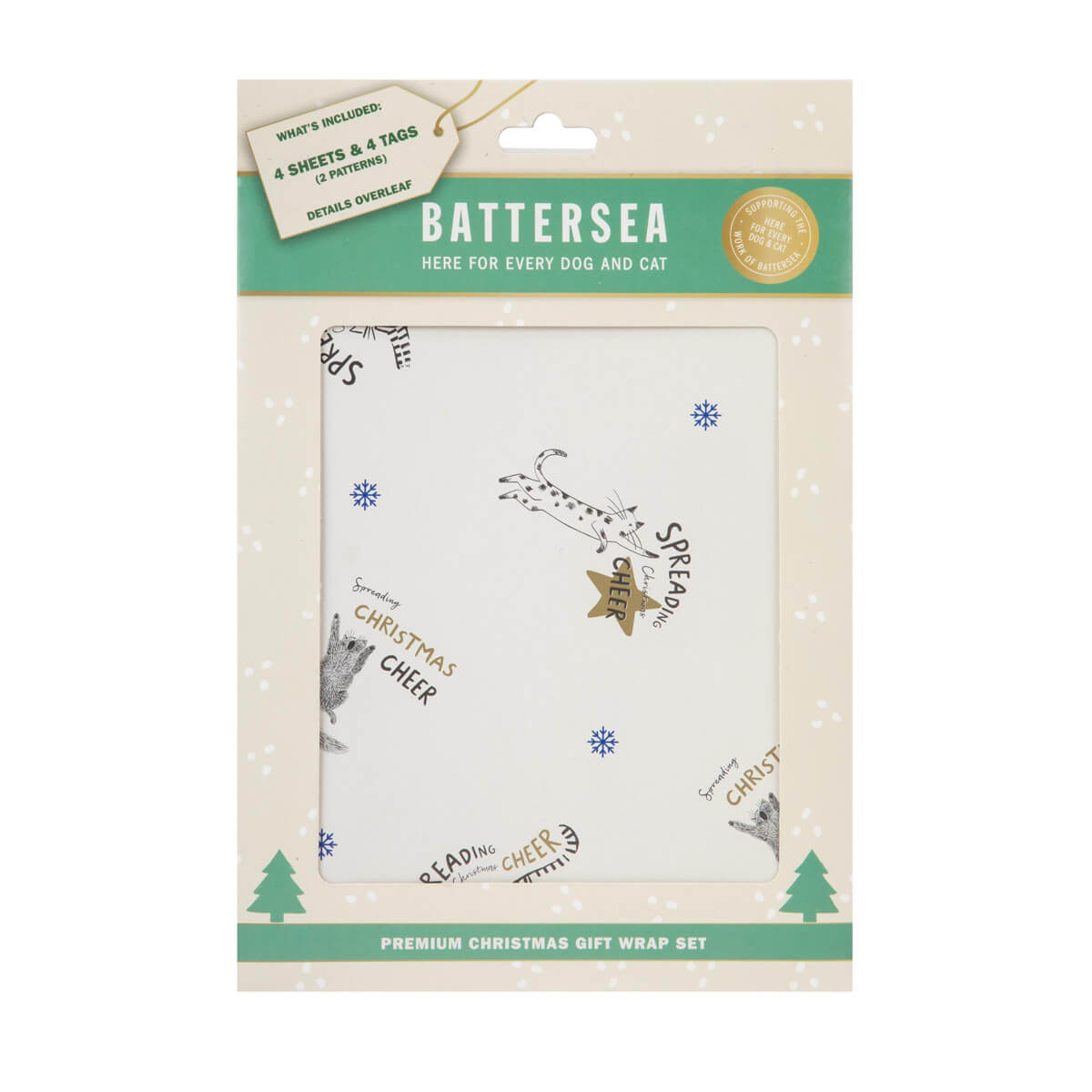 Christmas Battersea Cats Gift Wrapping Paper Set of 4 sheets - close up image of pack