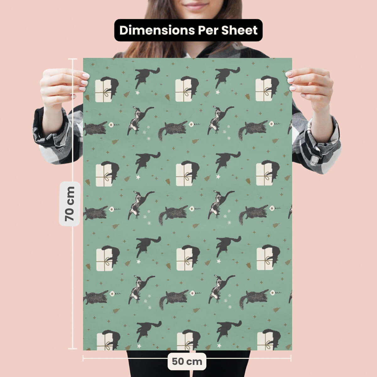 Christmas Battersea Cats Gift Wrapping Paper Set of 4 sheets - image of pattern 1 sheet dimensions which is 50cm x 70cm