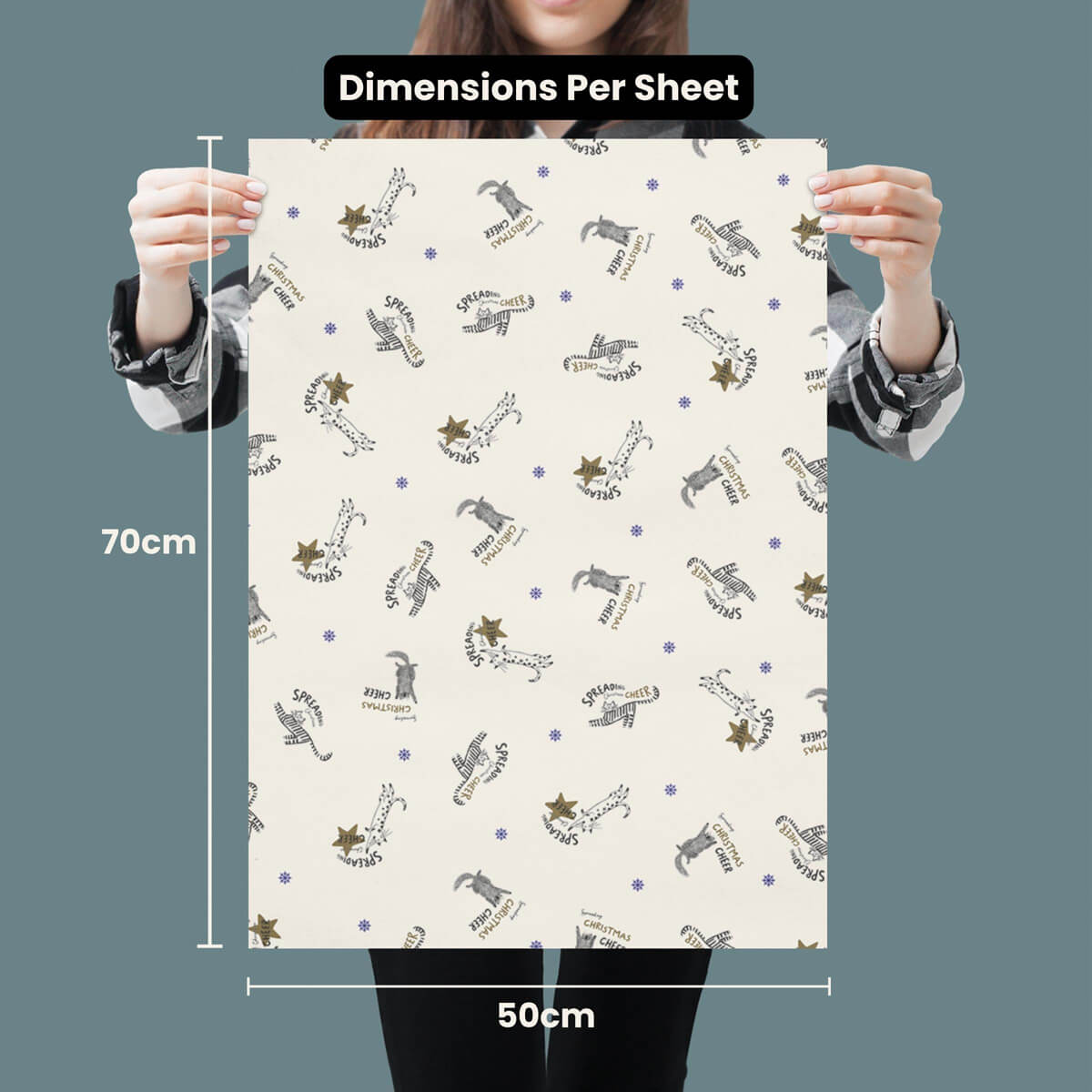Christmas Battersea Cats Gift Wrapping Paper Set of 4 sheets - image of pattern 2 sheet dimensions which is 50cm x 70cm