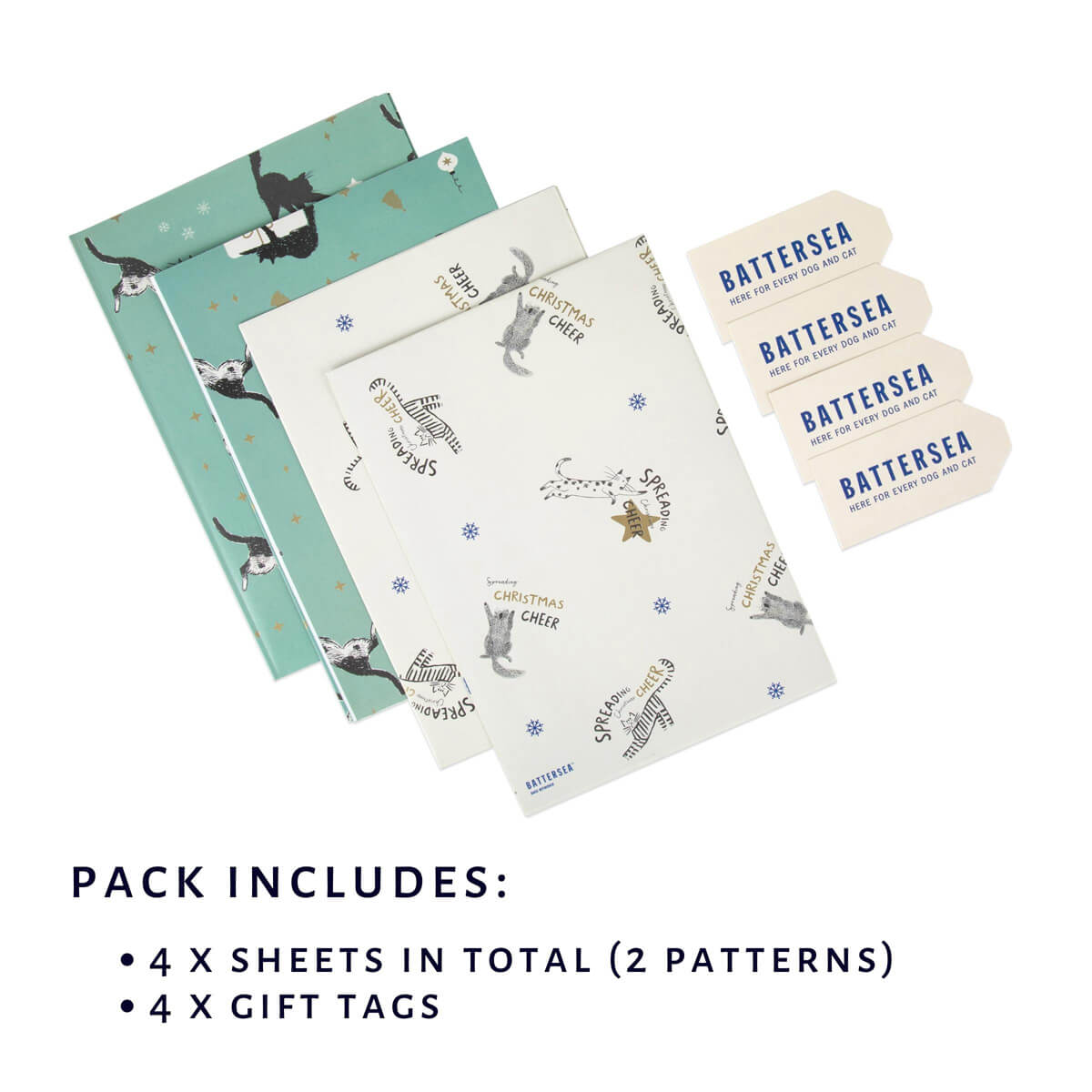Christmas Battersea Cats Gift Wrapping Paper Set of 4 sheets - image of 4 sheets and 4 gift tags