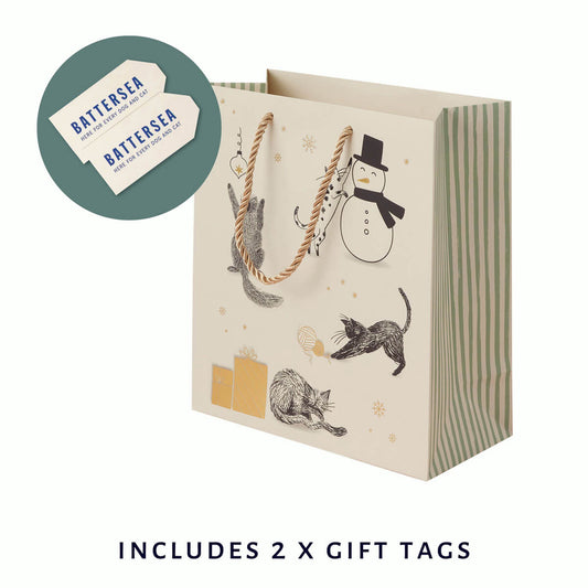 Battersea Dogs & Cats Home Christmas Medium sized gift bag - close up image of gift bag which includes 2 x battersea gift tags