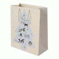 Load image into Gallery viewer, Battersea Dogs & Cats Home Charity Christmas Gift Bag For Dog Lovers - Close up image of christmas gift bag showing black and white illustrations of dogs within a sky blue christmas tree illustration