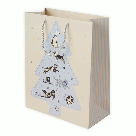 Battersea Dogs & Cats Home Charity Christmas Gift Bag For Dog Lovers - Close up image of christmas gift bag showing black and white illustrations of dogs within a sky blue christmas tree illustration