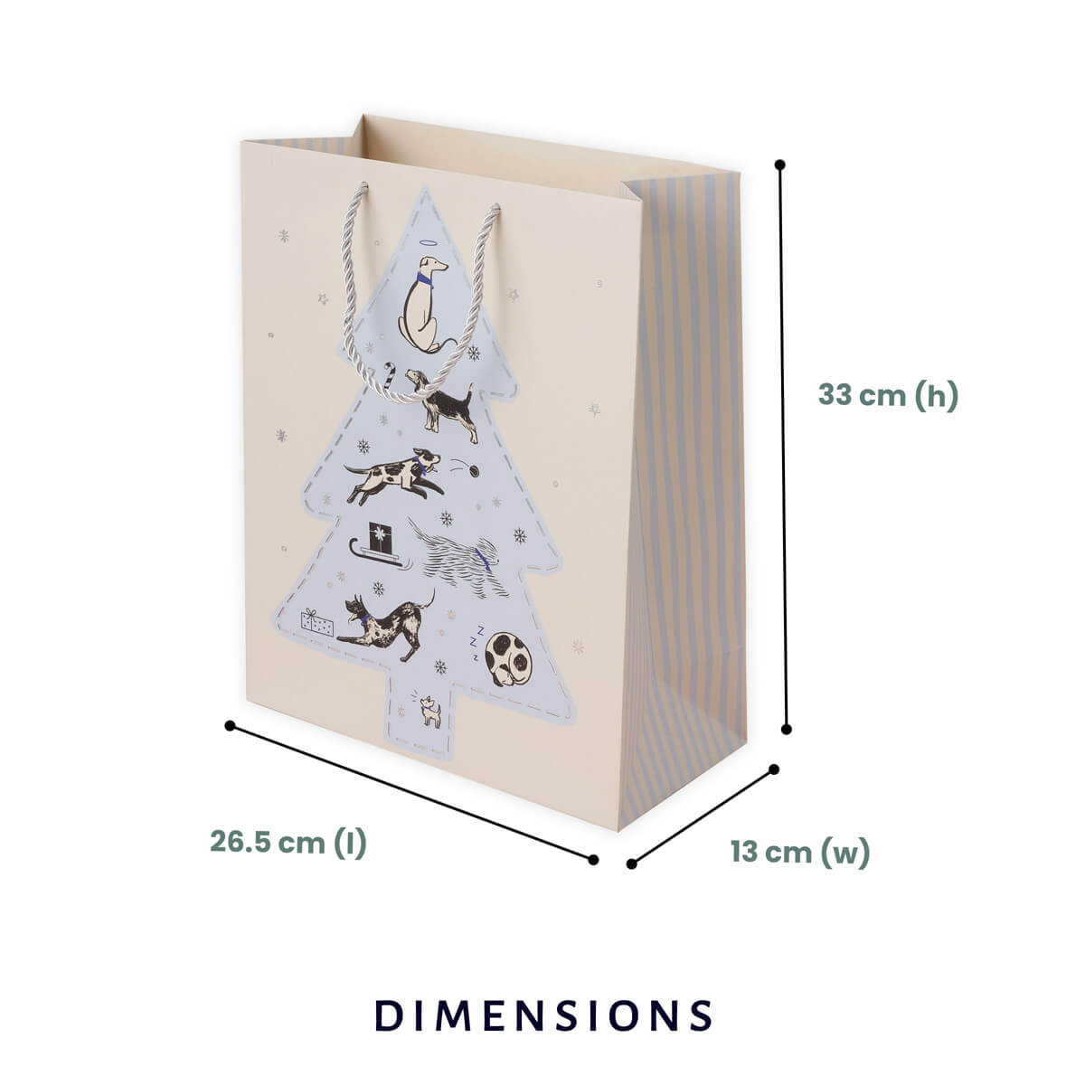Battersea Dogs & Cats Home Charity Christmas Gift Bag For Dog Lovers - Close up image of christmas gift bag dimensions which are 33cm (h) x 26.5cm (l) and 13cm (w)