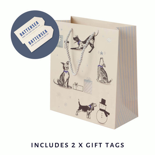Battersea Dogs & Cats Home Christmas Gift Bag - Medium Sized - Close up Image of gift bag which includes 2 x battersea gift tags