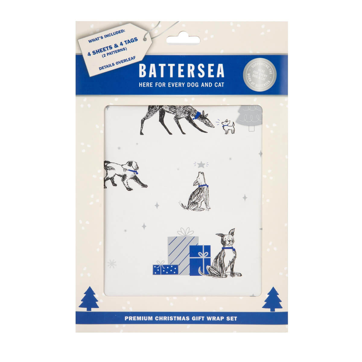Battersea Dogs & Cats Home Charity Gift Wrapping Paper Pack of 4 - close up image of gift wrap set