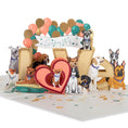 Load image into Gallery viewer, Battersea Dogs Love Pop Up Card by Cardology - close up image of 3D card with lots of different dog breeds jumping over a big love sign - perfect for Valentine's Day Cards, Mother's Day Cards, Father's Day Cards or even for Birthday Cards or Anniversary Cards. Pet mum and dad cards