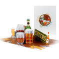 Load image into Gallery viewer, Beer and Whiskey Pop Up Card for Birthdays Card for Him - Close Up Image of the pop up card with the card cover behind