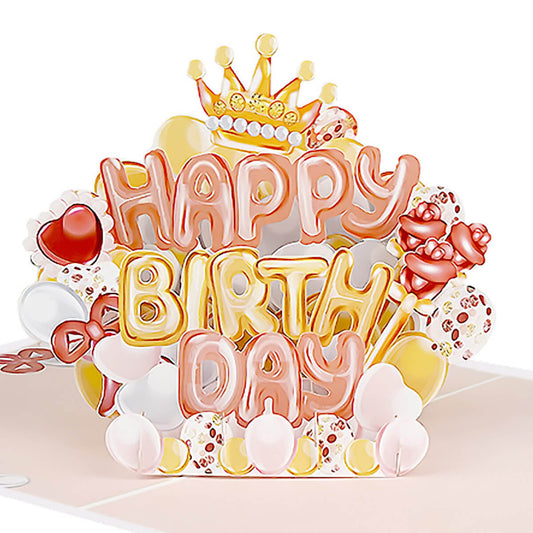 Birthday Balloons Pop Up Card for Tweens, Teens, Girls and Women featuring a rose gold, gold and ivory balloon lettering spelling out Happy Birthday, surrounded by hearts, crown and bows. Image is a close up of the 3D pop up.