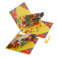 Load image into Gallery viewer, Birthday Bricks Pop Up Card for kids and adults who like building with Lego. Close up image of the pop up card closing to show the 3D effect