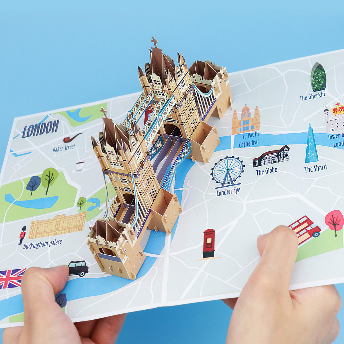 Tower Bridge Pop Up Card by Cardology - holding card open with illustrated map of london