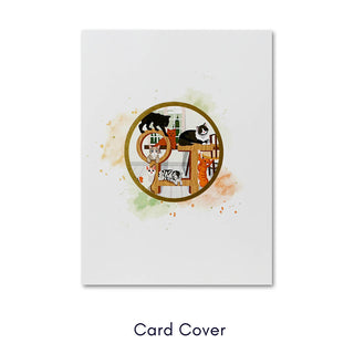Image of Cat Tree Pop Up Card cover which features a circular graphic image of the cat tree card in the center of the white card