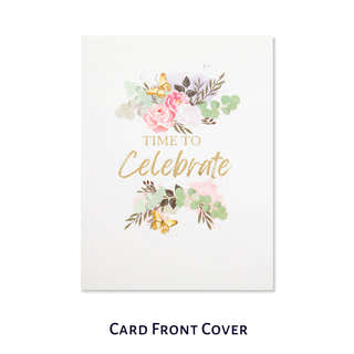 close up image of the card front cover of celebratory love pop up card which is perfect as a wedding card, engagement card or anniversary card. Card front cover says 'Time To Celebrate'
