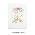 Load image into Gallery viewer, close up image of the card front cover of celebratory love pop up card which is perfect as a wedding card, engagement card or anniversary card.  Card front cover says 'Time To Celebrate'