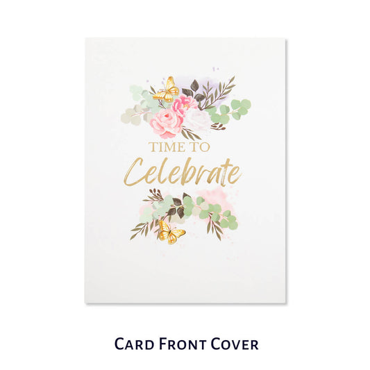 close up image of the card front cover of celebratory love pop up card which is perfect as a wedding card, engagement card or anniversary card.  Card front cover says 'Time To Celebrate'