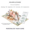Load image into Gallery viewer, image of celebrate love pop up card personalisable stickers that comes included.  This includes Congratulations, Happy Anniversary, You're Engaged and Love Laughter and Happy Ever After - by Cardology
