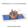 Load image into Gallery viewer, Justice League Pop-up card with superhero design and dimensions labeled on a white background