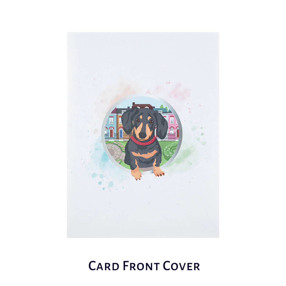 dachshund pop up card by cardology - image of card front cover which has a picture of a dachshund in the middle of it