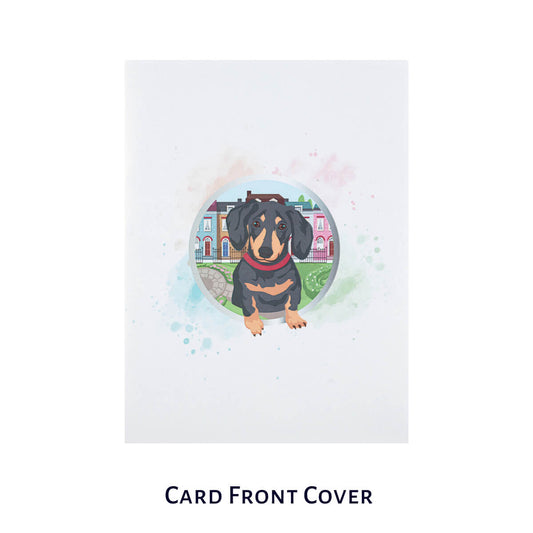 dachshund pop up card by cardology - image of card front cover which has a picture of a dachshund in the middle of it