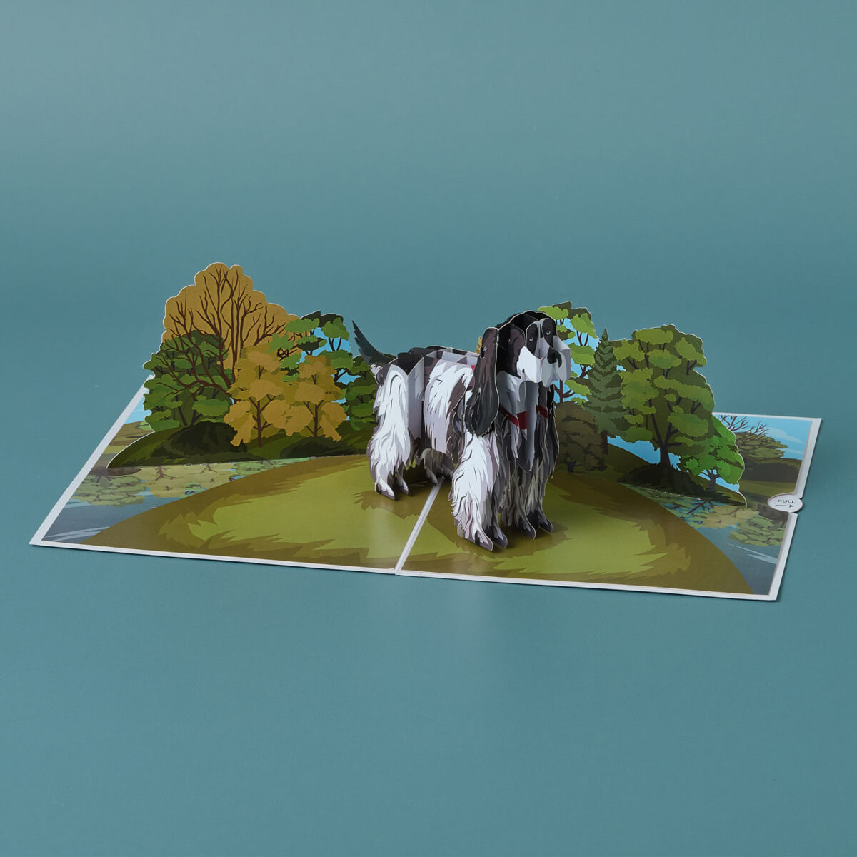 English Cocker Spaniel Pop Up Card by Cardology - lifestyle image of 3d card open
