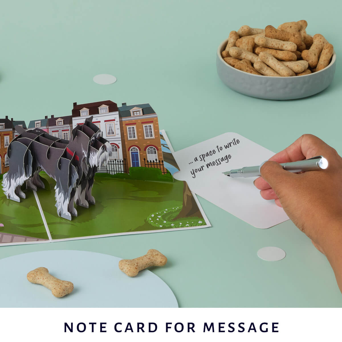 miniature schnauzer pop up card by cardology - image of slide out notecard