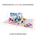 Load image into Gallery viewer, gaming pop up birthday card for gamers - image showing card dimensions which are 30cm (l) x 20cm(w) and approx 13cm(h) when open