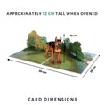 Load image into Gallery viewer, German Shepherd Pop Up Card For Birthday Card by Cardology - dimensions image of 3D card when open which is 30cm (l) x 20cm (w) x approximately 12cm (h)