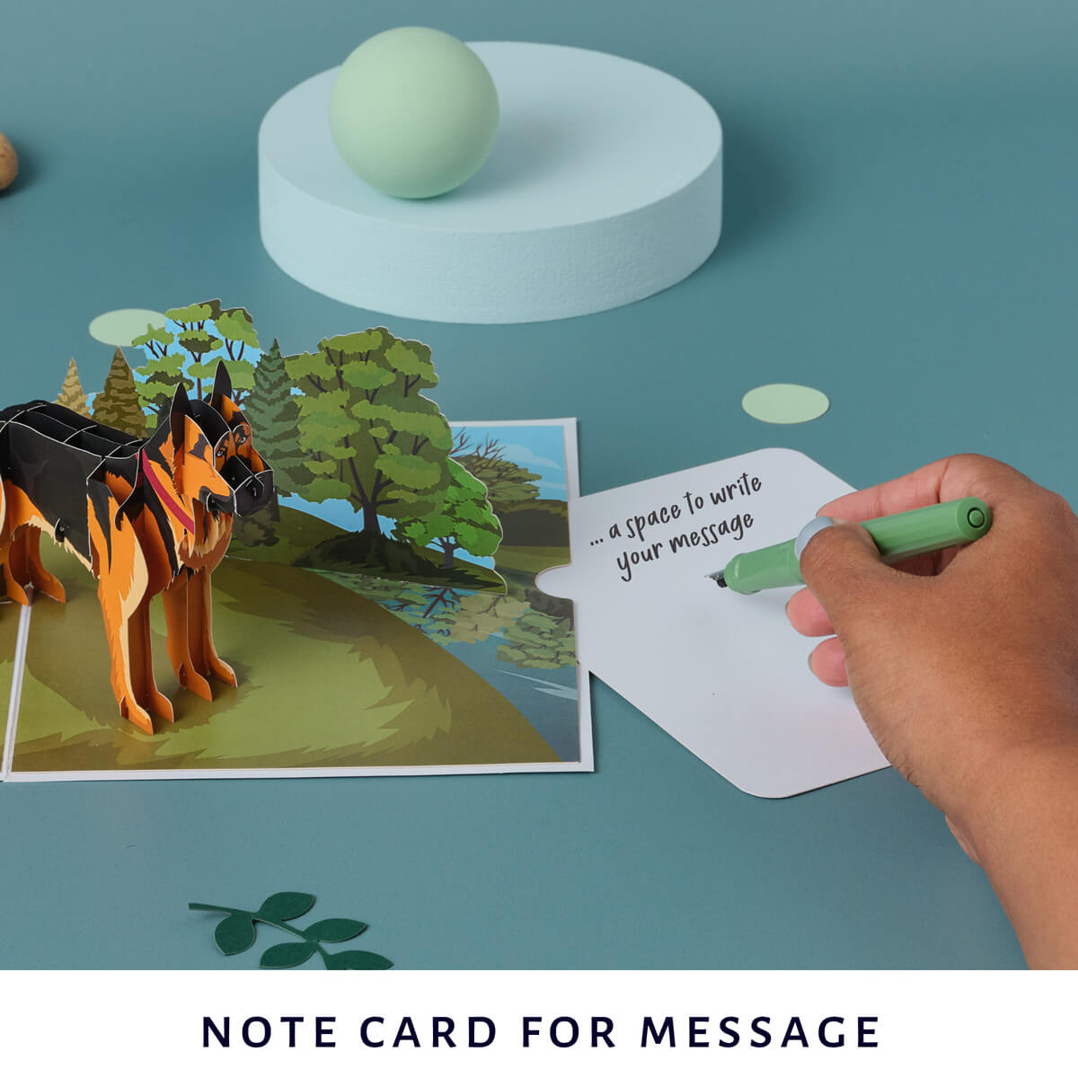 German Shepherd Pop Up Card For Birthday Card by Cardology - image of slide out notecard which gives a space to write a message