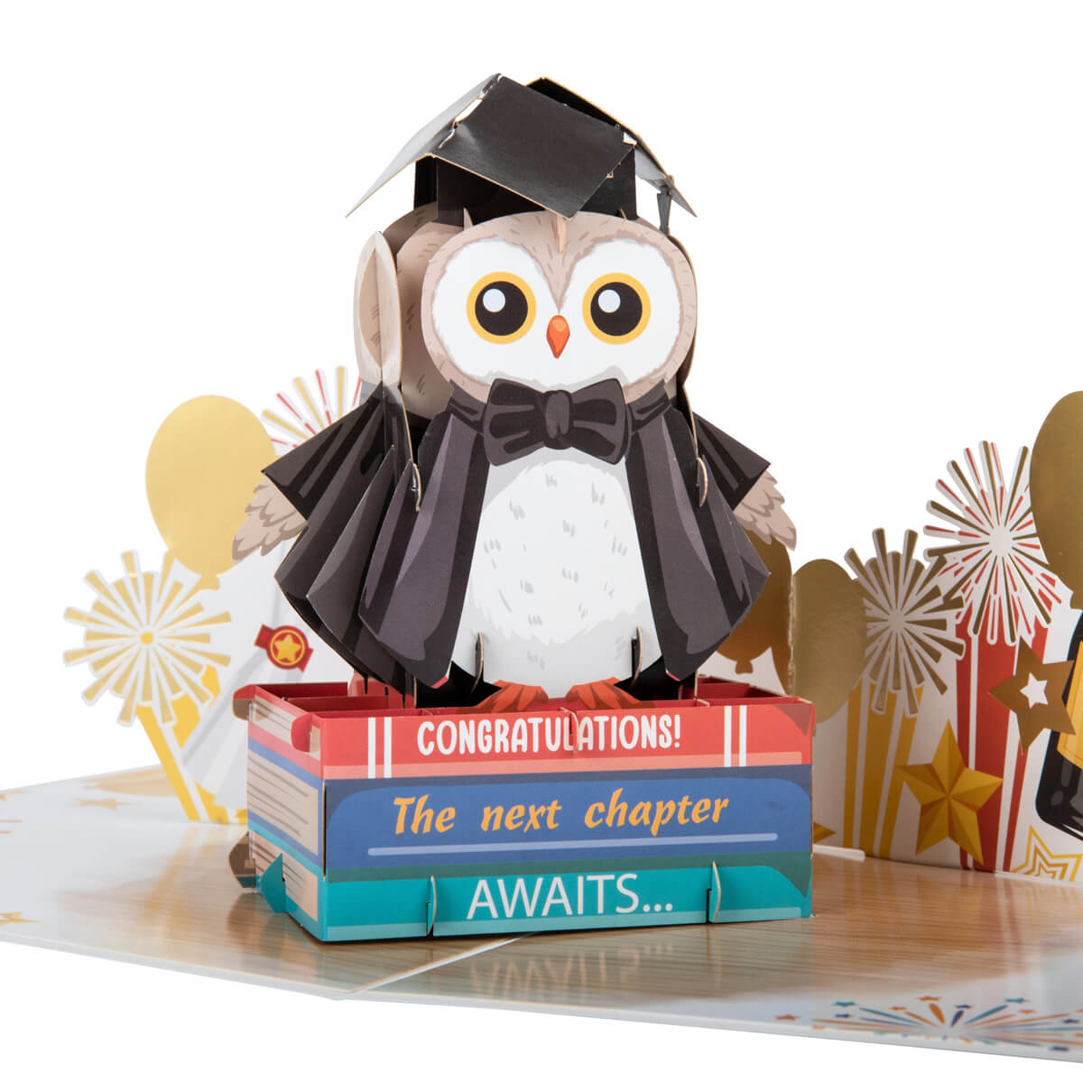 Graduation Congratulations 3D Pop Up Card - Wise Owl Graduation Handmade Gift for University, College, Nursery or Pre-School - Close up image of graduation 3D gift