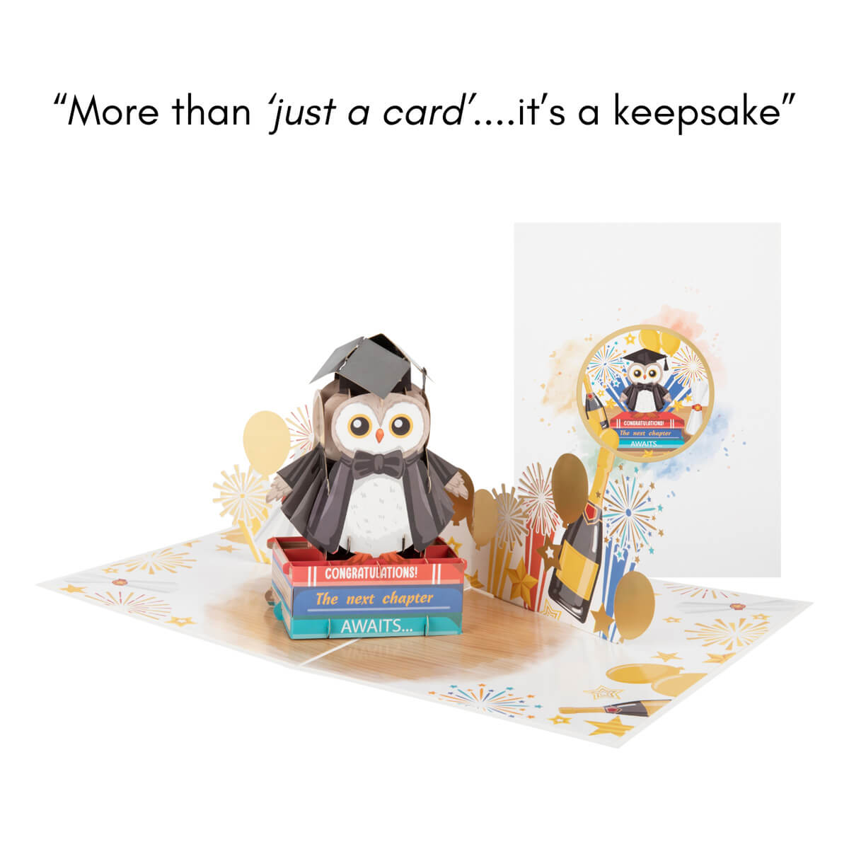 Graduation Congratulations 3D Pop Up Card - Wise Owl Graduation Handmade Gift for University, College, Nursery or Pre-School - Close up image of graduation 3D gift open with card closed behind