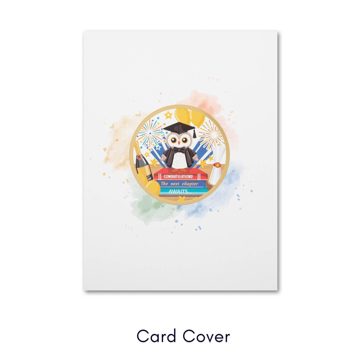 Graduation Congratulations 3D Pop Up Card - Wise Owl Graduation Handmade Gift for University, College, Nursery or Pre-School - Close up image of card cover which features a graphic image of the graduation owl in the middle of the white card