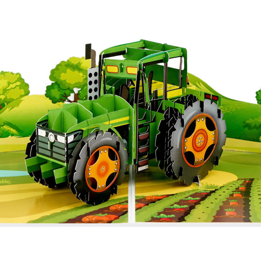 Green Tractor Pop Up Card inspired by John Deere tractor - Old MacDonalds Farm card for kids - Image of 3D card close up
