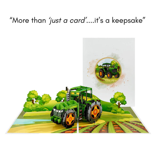 Green Tractor Pop Up Card inspired by John Deere tractor - Old MacDonalds Farm greeting card for kids - Image of 3D card open with card cover behind