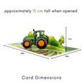 Load image into Gallery viewer, Green Tractor Pop Up Card inspired by John Deere tractor - Old MacDonalds Farm greeting card for kids - Image of 3D card dimensions which are 30cm (l) x 20cm (w) x 15cm (h) when open