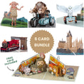 Load image into Gallery viewer, A collage showing a 6-card Harry Potter pop-up card bundle, featuring various characters and scenes including Dobby, Hagrid with Harry in the motorcycle, the owl Hedwig, Hogwarts Express Train, and Hogwarts castle and a Happee Birthdae card for FREE is included.