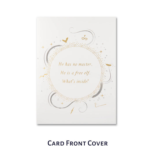 Harry Potter Dobby Pop Up Card by Cardology - image of card front cover which features a riddle 'He has no master. He is a free elf. What's inside?' eluding to the magic inside.