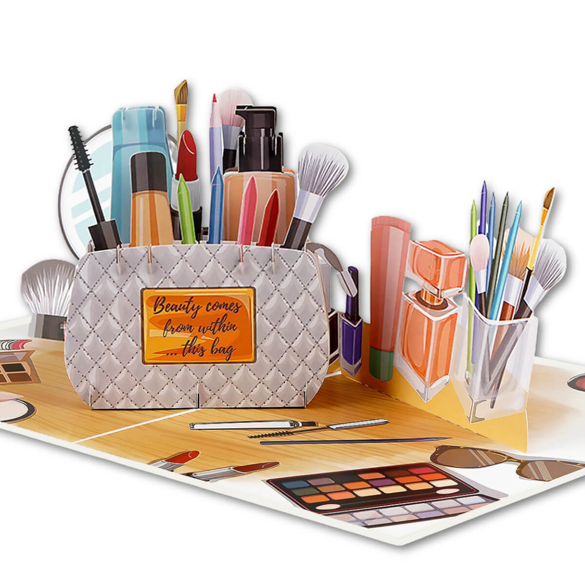 makeup bag pop up card for tweens, teenagers and women. Perfect for makeup lovers, beauty enthusiasts and influencers. 3D card contains a makeup bag filled with makeup against a backdrop of a vanity table. Image is of the card close up