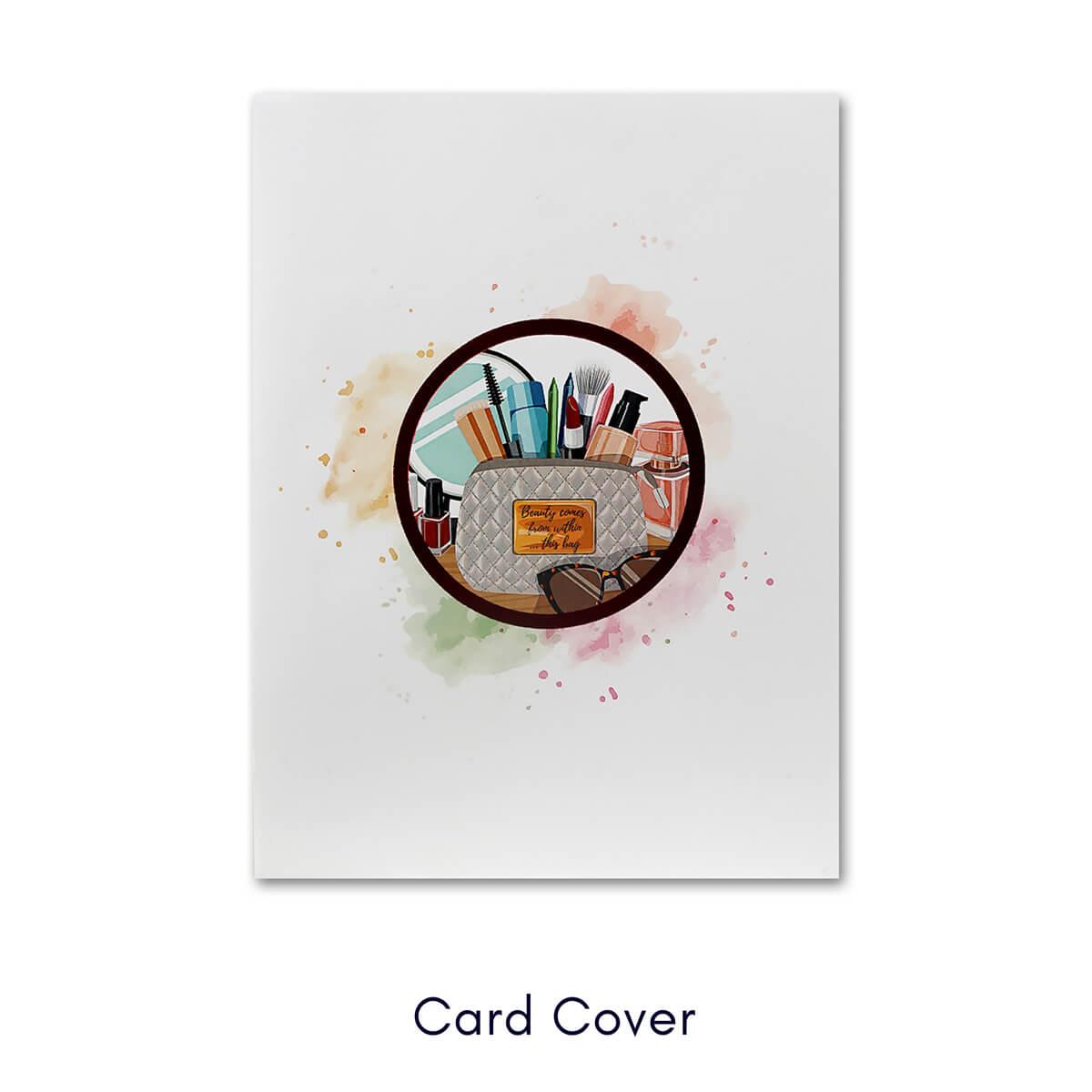 makeup bag pop up card for tweens, teenagers and women. Perfect for makeup lovers, beauty enthusiasts and influencers. 3D card contains a makeup bag filled with makeup against a backdrop of a vanity table. Image of card front cover which is ivory card with a circular graphic of the makeup bag inside.