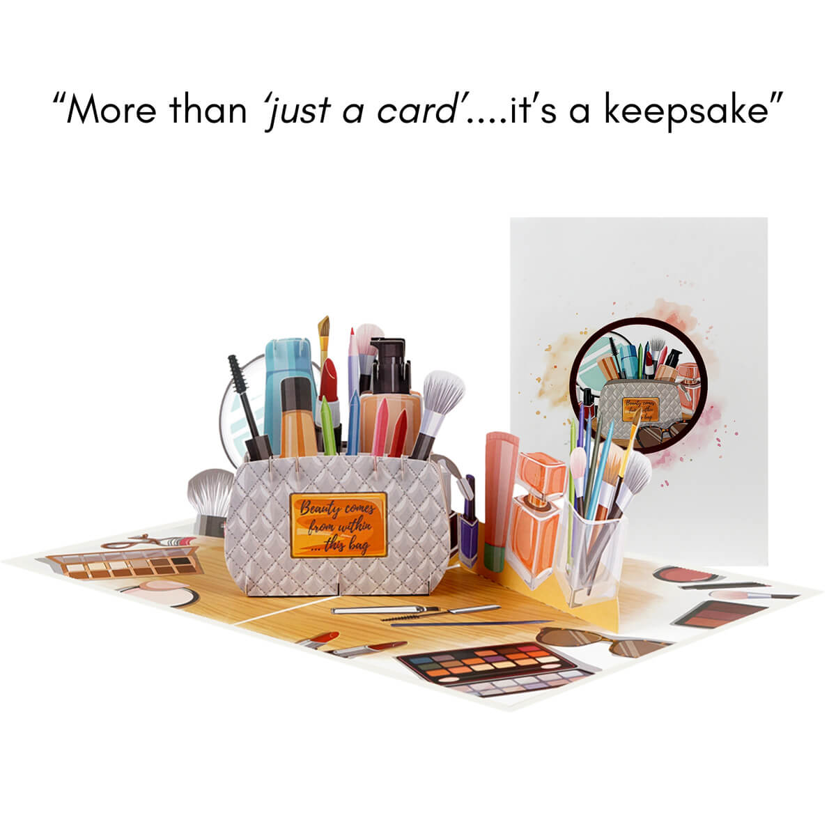 makeup bag pop up card for tweens, teenagers and women. Perfect for makeup lovers, beauty enthusiasts and influencers. 3D card contains a makeup bag filled with makeup against a backdrop of a vanity table. Image of card open with card cover closed behind