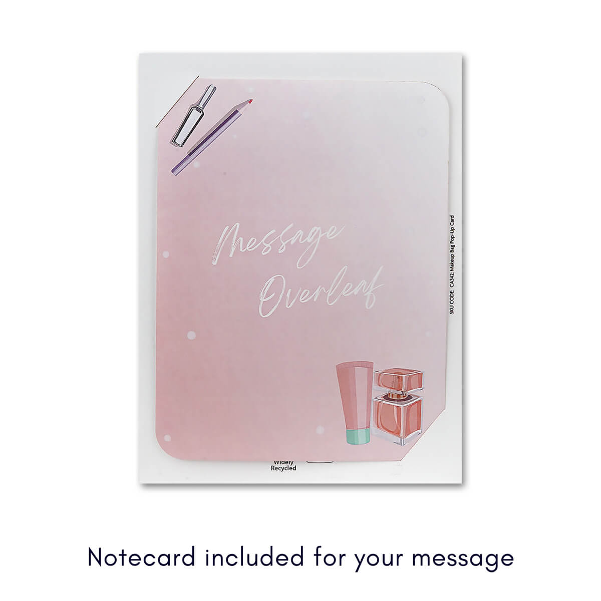 makeup bag pop up card for tweens, teenagers and women. Perfect for makeup lovers, beauty enthusiasts and influencers. 3D card contains a makeup bag filled with makeup against a backdrop of a vanity table. Image of notecard for handwritten message