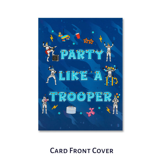 Original Stormtrooper Birthday Party Pop Up Card by Cardology - image of card front cover which reads 'Party Like A Trooper'
