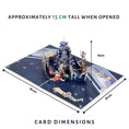 Load image into Gallery viewer, Original Stormtrooper Christmas Pop Up Card for Star Wars fans - image of dimensions when the card is open.  The card measures 30cm (l) x 20cm (w) and the pop up part is approximately 15cm high