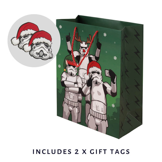 Original Stormtrooper Christmas Gift Bag - Large size - close up image of gift bag which includes 2 x gift tags in the shape of a stormtrooper head with a santa hat on