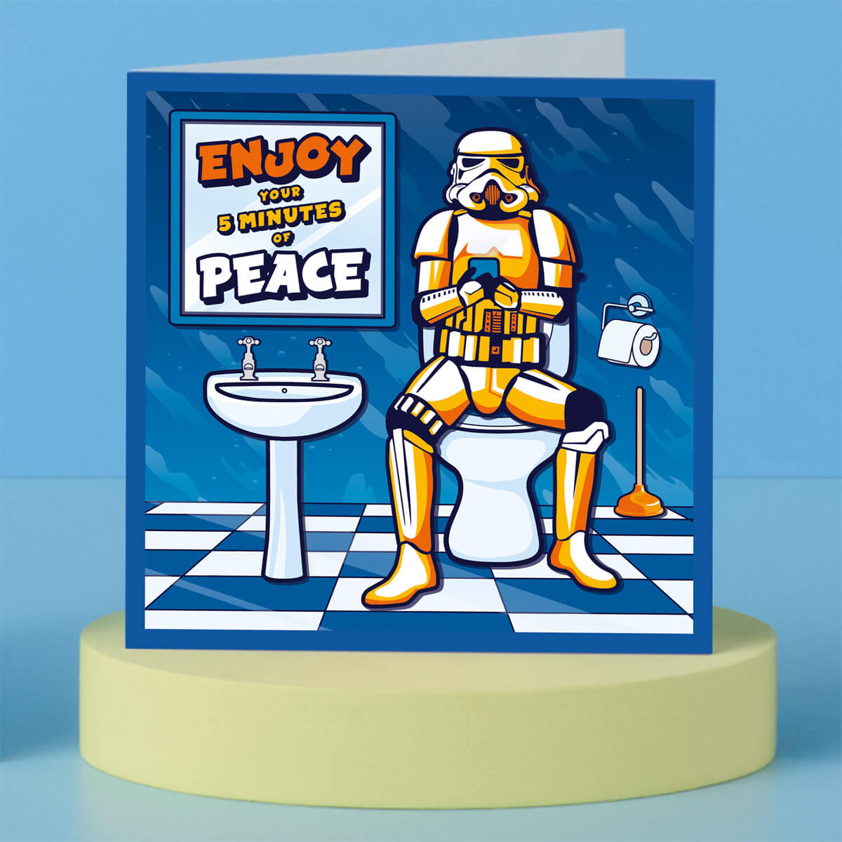 Original Stormtrooper Greeting Card which shows a Stormtrooper sitting on the toilet with 'Enjoy Your 5 minutes of peace' written on the mirror - officially licensed and produced by Cardology