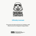 Load image into Gallery viewer, Original Stormtrooper Christmas Gift Wrap Pack of 4 - includes 4 sheets and 4 gift tags - legal disclaimer.  This product has been produced by cardology, under official license from Shepperton Design Studios